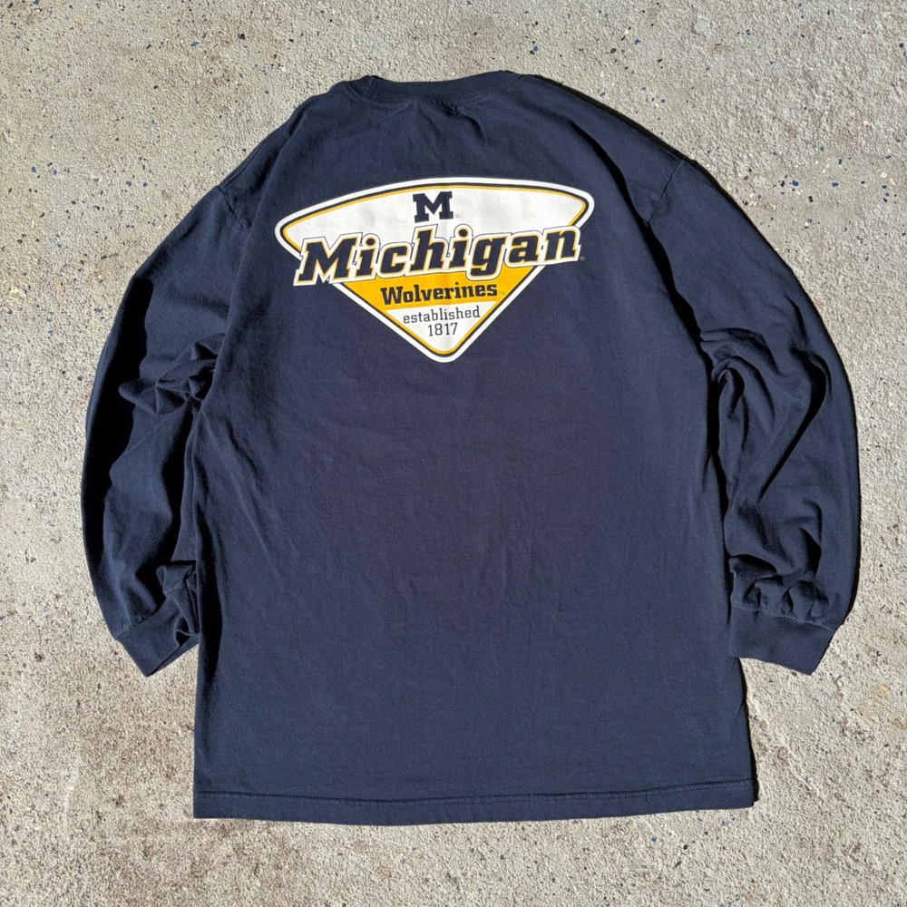 Vintage Alstyle Michigan Wolverines Long Sleeve Graphic T-Shirt Navy Blue Large